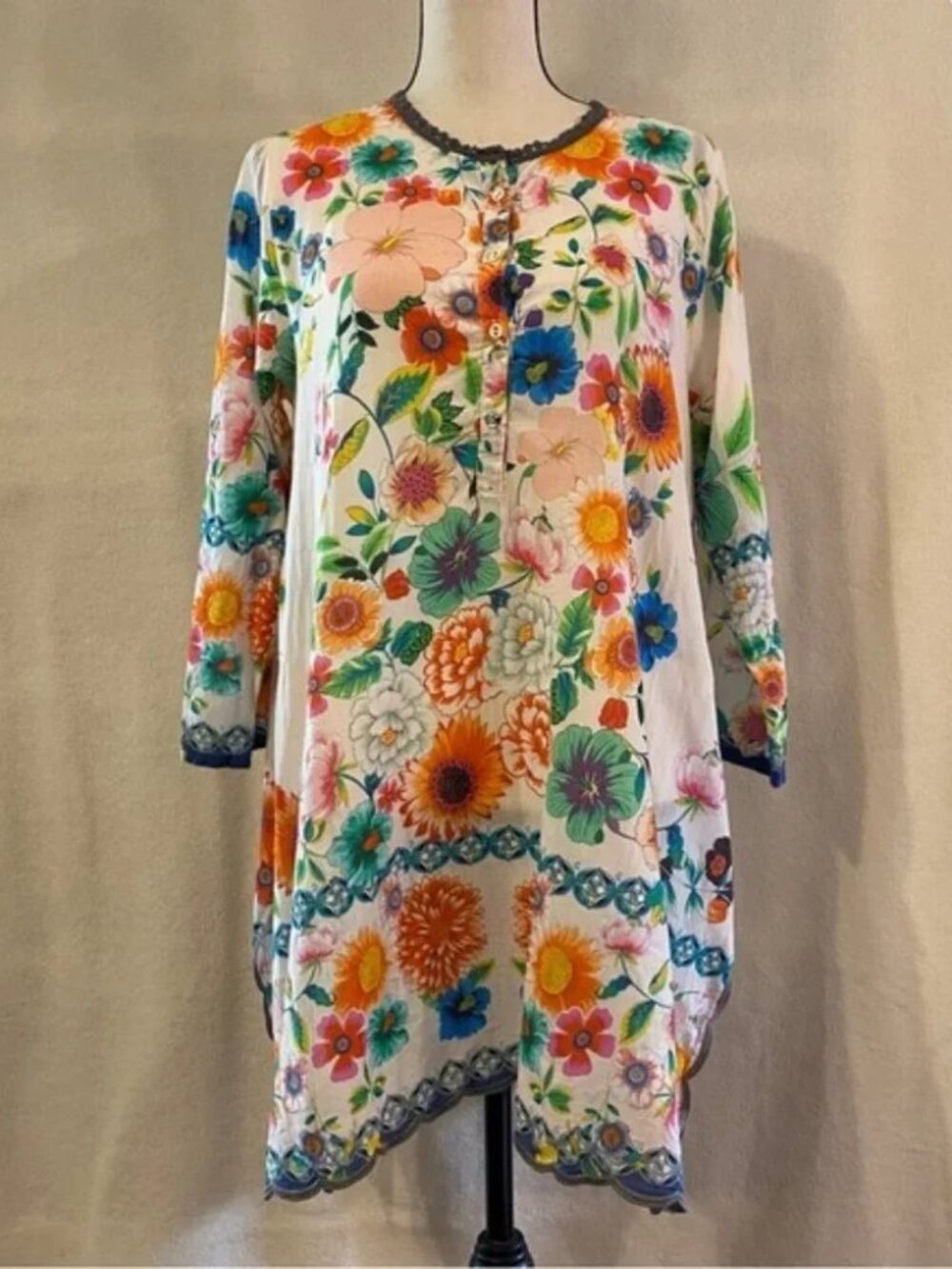 Johnny Was cotton floral Mala handkerchief tunic blouse